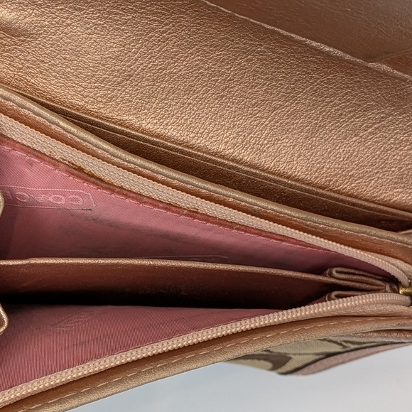 Coach Wallet Signature Canvas Trifold Khaki Brown Rose Gold Metallic Leather - Picture 12 of 14